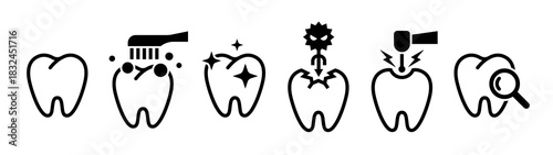 Dental concept icons. Teeth, cavities, dental care, brushing, examinations, and upkeep.
