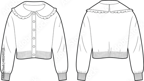 PrintVintage-inspired cardigan fashion flat sketch with ruffled collar detail, long sleeves, ribbed hem, cozy knitwear design, front and back technical illustration