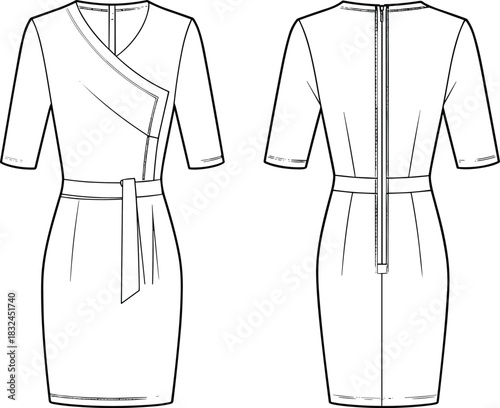 PrintV-Neck Wrap Dress Technical Drawing, Fitted Midi Dress Vector Flat Sketch, Women's Apparel Design Template, Outline Views