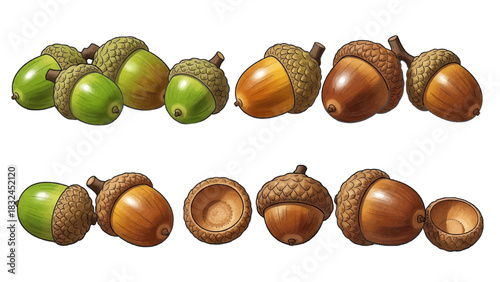 Vector illustration of a set of acorns ripening from green to brown on a transparent background