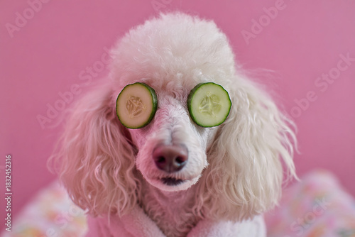 Cute poodle with cucumber slices on eyes wearing bathrobe, lying on bed and relaxing	