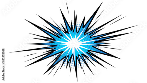 Electric blue comic starburst explosion with sharp spikes, energetic impact graphic for sci-fi, tech, and action-themed visuals