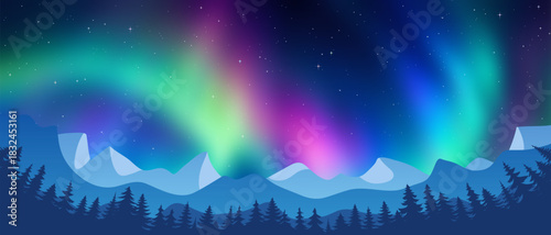Winter landscape with aurora borealis, night starry sky, mountains and forest, vector illustration