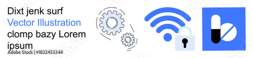 Technology, data security, healthcare, innovation, connectivity, industry. Gears, a wireless lock and medical symbols technological advancements. Technology and data security concept