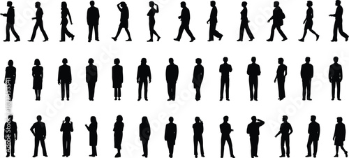 Human Silhouette Grid – Diverse Standing and Walking Poses in Black for Movement Studies, Design Elements, and Posture Reference