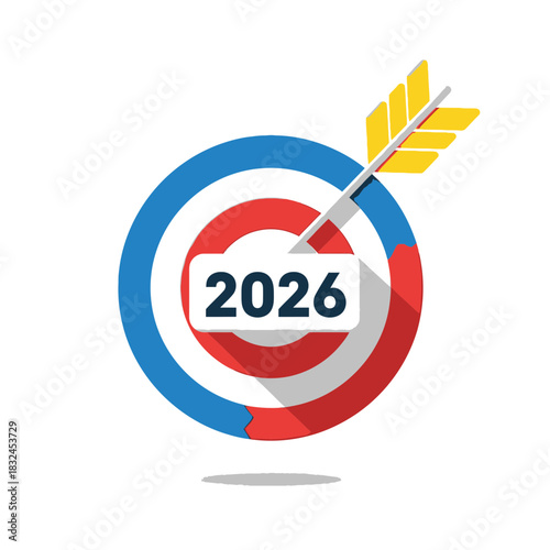 Target arrow hitting 2026 bullseye concept, goal achievement, focus, success planning and business strategy for the new year