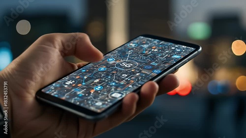 Wallpaper Mural Close Up Of Hand Holding Smartphone With Digital Abstract Design At Night Torontodigital.ca