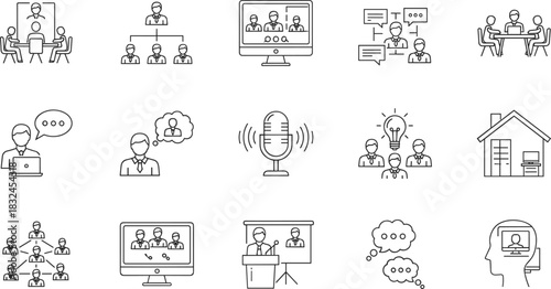 Business Communication and Conference Icon Set, Line Art for Remote Work, Video Meetings, Team Presentation, Corporate Training, Online Speech, and Organizational Hierarchy, Minimal Vector