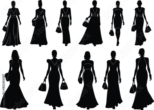 Elegant female silhouettes in formal dresses with handbags, showcasing diverse fashion styles, perfect for design, branding, and fashion illustration themes.