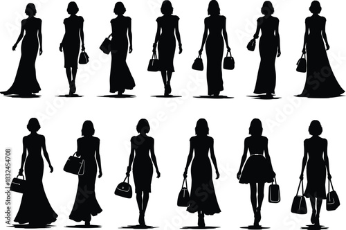Fashion silhouettes of stylish women with handbags in elegant poses, showcasing dress styles, accessories, posture, and modern outfit inspiration.