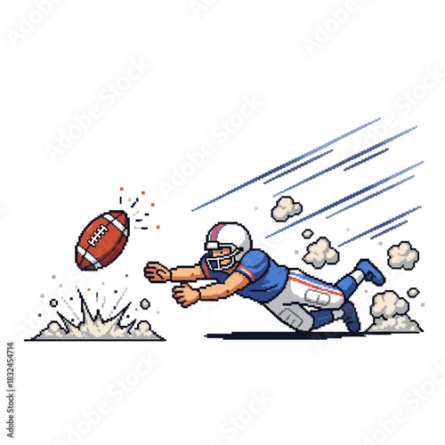 An illustration of a dynamic American football player in action, making a dramatic diving catch with explosive effort on the field