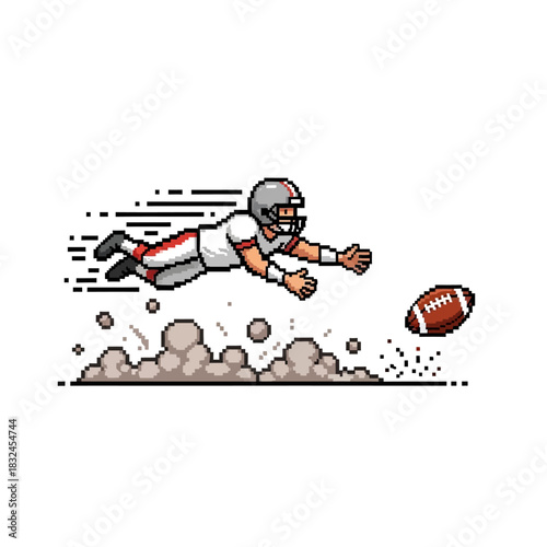 American football player dives to catch a touchdown in a cartoon pixel art style