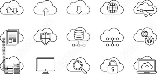 Employee Benefits, Financial Management, Cloud Computing, Data Storage, Banking, Investment, Insurance, Technology, Thin Line Graphics Collection.