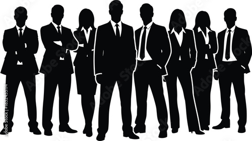 Professional business team silhouettes in formal attire, standing confidently to represent leadership, teamwork, corporate unity, and office environment concepts.