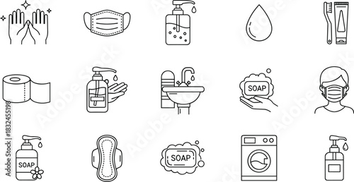 Hygiene and Personal Care Icon Set: Hand Washing, Sanitizer, Toothbrush, Toilet Paper, Face Mask, Laundry, and Sanitary Napkin Symbols