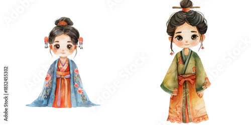 cute girl wearing chinese traditional clothes watercolor vector illustration