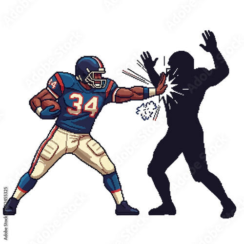 A dynamic pixel art illustration of an American football running back executing a powerful stiff arm against a defender