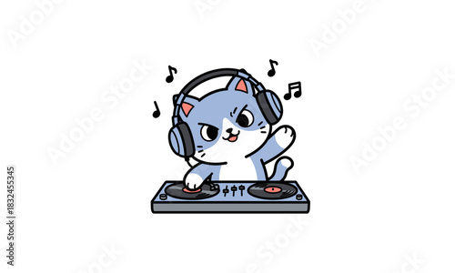 Cool blue and white cartoon cat DJ wearing headphones, mixing music on turntables and waving.