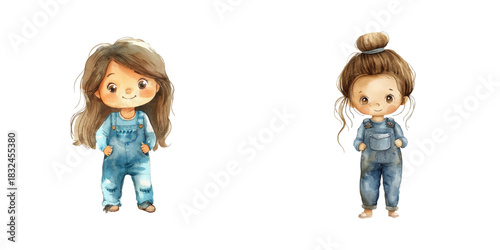 cute girl wearing overalls watercolor vector illustration