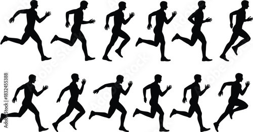 Running Silhouette Sequence – Human Motion Cycle Illustrating Biomechanics, Gait Analysis, Athletic Movement, and Sports Science in Dynamic Frames