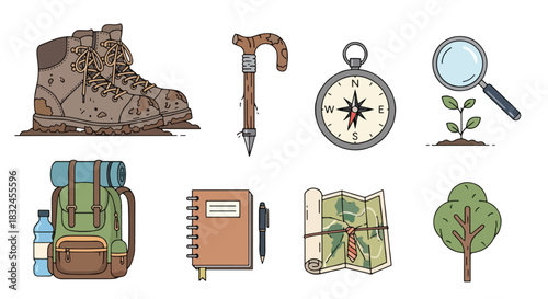 Hiking equipment icons set for outdoor adventure