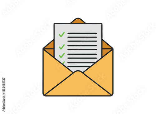 An Open Yellow Envelope With A Document Featuring A Checklist Of Green Checkmarks And Black Text On A White Paper With A Gray Border Isolated On A Black Background