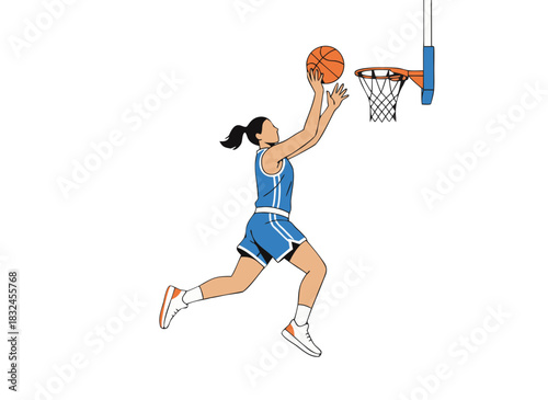 Young Woman Basketball Player Leaping Upwards To Shoot A Ball Towards A Hoop With A Dark Black Background Wearing A Blue Jersey And White Shorts With Orange Accents And White Sneakers