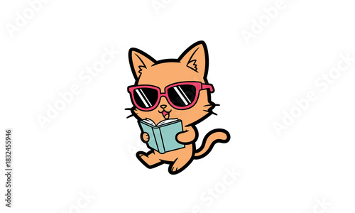 Cute orange cartoon cat wearing pink sunglasses, happily reading a blue book while sitting.
