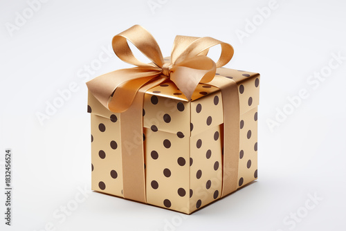 Golden Gift Box, Polka Dot Wrap, Ribbon Bow Present