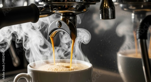 Close up of espresso machine dispensing coffee into a white cup with steam rising to the air