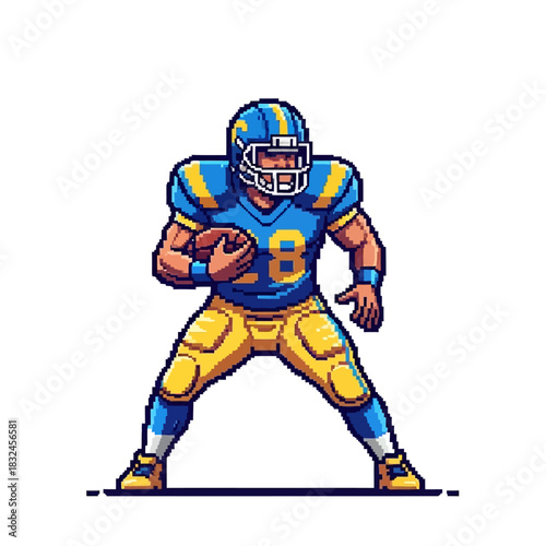 Pixelated athlete in a dynamic pose, featuring an American football player in retro 8-bit video game style. Isolated character sprite illustration