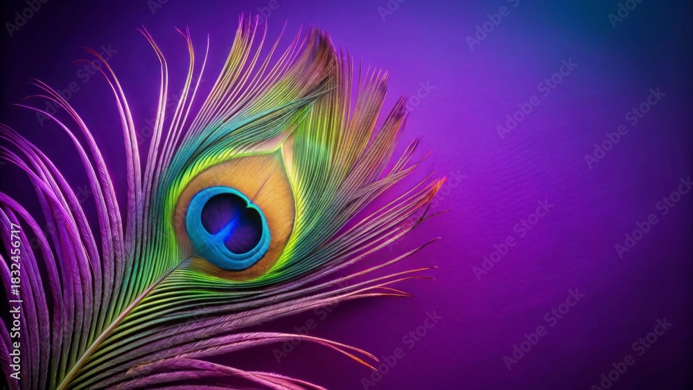 Obraz premium Vibrant Peacock Feather on Purple Background with Elegant Detail