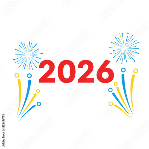 Elegant 2026 New Year typography with symmetrical fireworks, refined celebration illustration for formal greetings