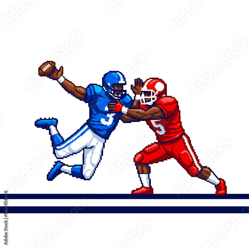 Dynamic 8-bit pixel art scene of a wide receiver leaping for a football pass against a defensive back in a classic sports videogame aesthetic