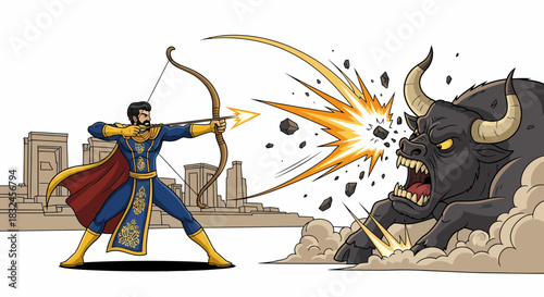 Superhero archer fighting a monstrous bull with a powerful bow.