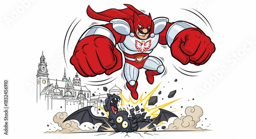 Superhero in red and white costume jumping down to attack the enemy.