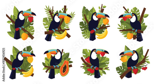 Tropical toucans with fruits and leaves