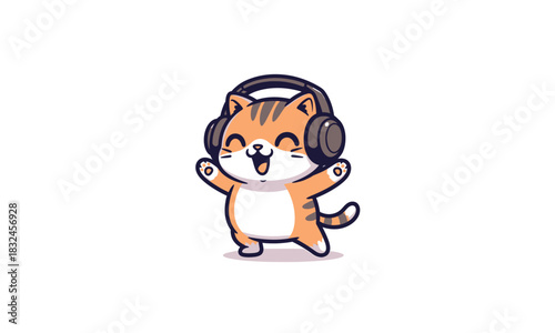 Happy cartoon tabby cat with large headphones, dancing and listening to music.