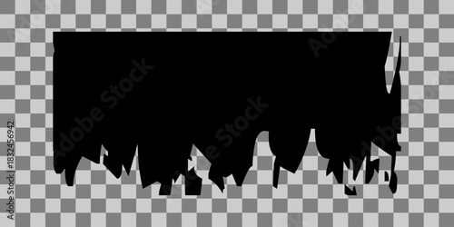 Black ink splash dripping down on a transparent checkered background