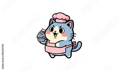 Adorable Cartoon Cat Chef Holding Cupcake, Wearing Pink Apron and Hat, Smiling.