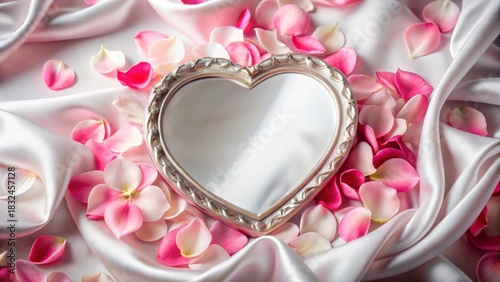 Heart Shaped Mirror on Silk with Rose Petals Background