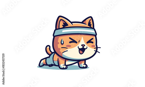Adorable cartoon ginger cat in blue headband, sweating, doing a push-up or yoga pose with a happy expression.