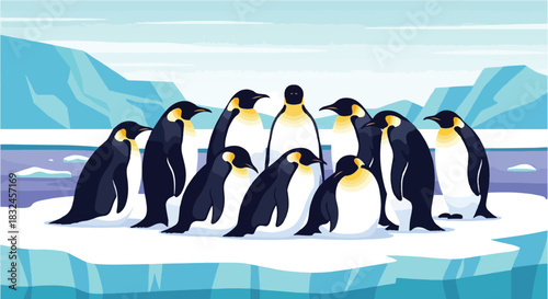 Group of penguins on ice floe in arctic landscape