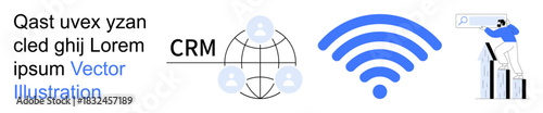 Digital marketing, customer relationship, technology trends, data analysis, wireless connectivity, business growth. CRM network with user icons, wireless symbol analytic chart with person. Digital