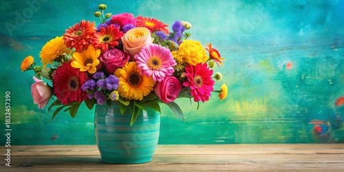 Bright and Colorful Flower Arrangement in a Green Vase on Table