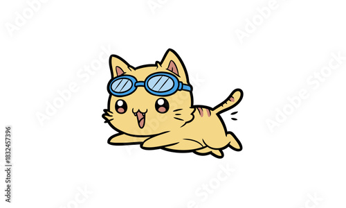 Playful cartoon ginger cat with blue goggles, smiling happily in a dynamic running pose.