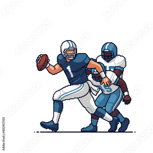 A dynamic pixel art scene of an American football quarterback attempting to escape a sack from two determined defenders