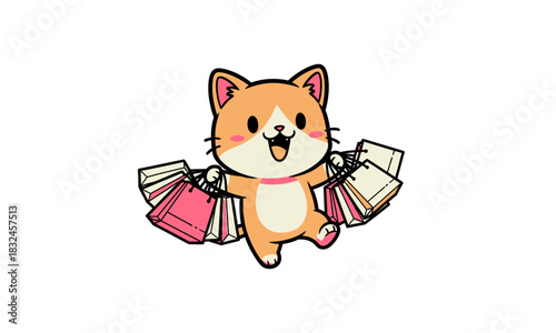 Happy Cartoon Cat Carrying Shopping Bags, Pink Collar, Cute, Joyful, Shopping Spree.