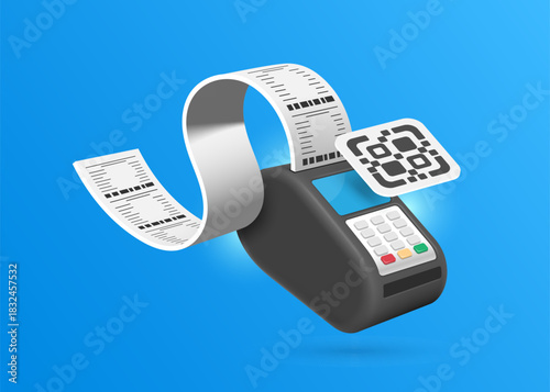 QR codes fly through air on the screen of credit card scanner or payment scanner or POS machine, and receipt paper flows out after payment is completed, vector 3d isolated for payment online concept