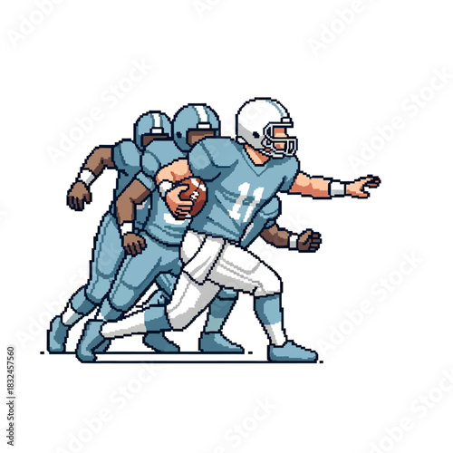 Pixel art illustration of American football players executing a dynamic offensive play, showcasing teamwork and athletic movement in a retro digital style